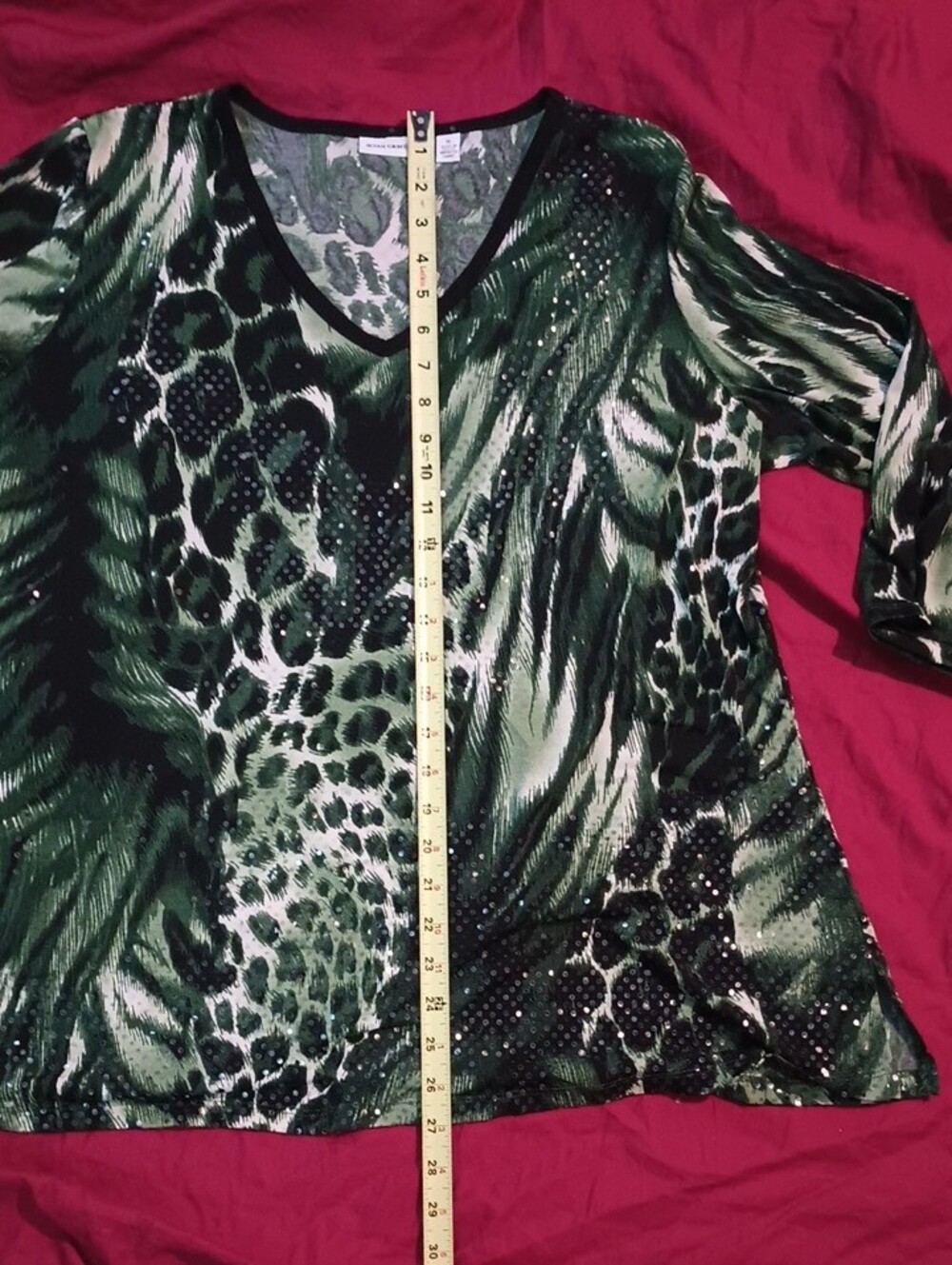 Susan Graver Green Animal-Print V-Neck Long Sleeve Top With Sequins Woman's XL